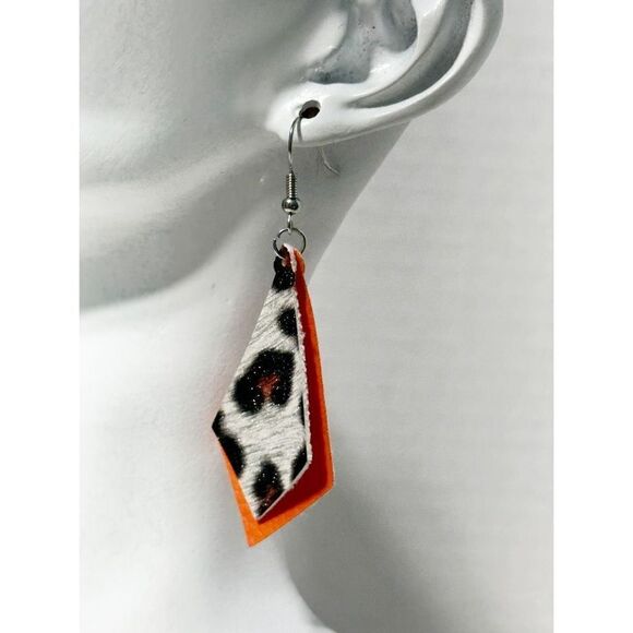 Leopard Print Vegan Leather Dangle & Crystal Round Earrings Orange Black 2 Pairs - Picture 6 of 7